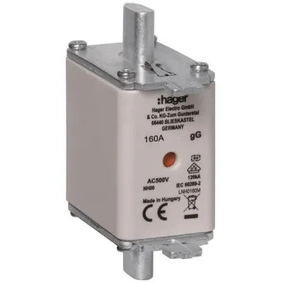 Hager NH-Sicherungseinsatz LNH0160M | NH00 | 160A | 500V AC/DC | gG | Kombikennmelder | Metall-Grifflasche