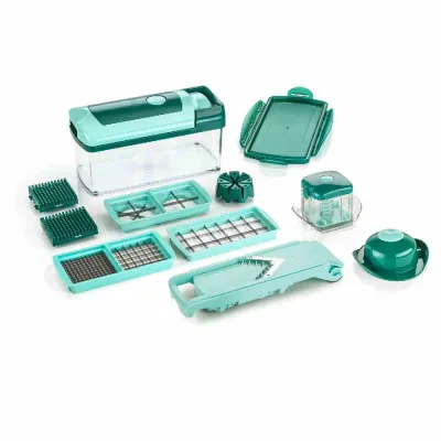 Genius Universalhobel 33718 | Nicer Dicer Fusion+ Slicer 13-tlg | Würfeln, Schneiden, Hobeln, Aufbewahren | Grün