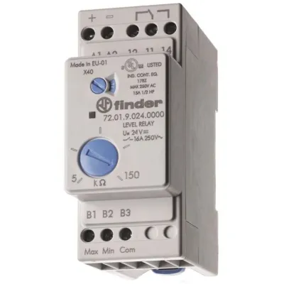 Finder Niveauüberwachungsrelais 72.01.9.024.0000 | 24V DC | 1 Wechsler 16A | 3 Eingänge | DIN-Schiene | LED-Anzeige