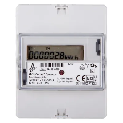 NZR Drehstromzähler | EcoCount Compact MID geeicht | 5(65)A | 3x230/400V | Hutschiene | S0 Impuls | 1 Tarif | digital