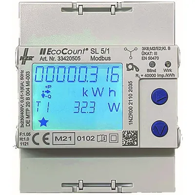 NZR Elektrizitätszähler EcoCount SL 5/1A | MID geeicht | Drehstromzähler | S0 | 4TE | 5(6)A | Zweitarif | digital | IP20