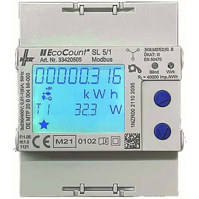 NZR Elektrizitätszähler EcoCount SL 5/1A | MID geeicht | Drehstromzähler | S0 | 4TE | 5(6)A | Zweitarif | digital | IP20