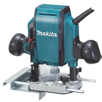 Makita Oberfräse RP0900J | 900 W | 27000 U/min | Tiefeneinstellung | MAKPAC | 8 mm Spannzange | Blau/Silber