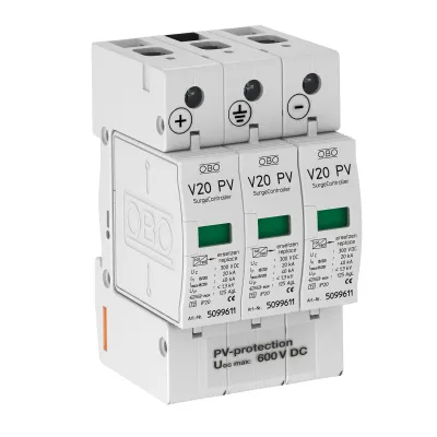 OBO Bettermann Überspannungsableiter Typ 2 V20-C 3PH-600 | 600V DC | 3-polig | PV-Anlagen | 40kA | Hutschiene