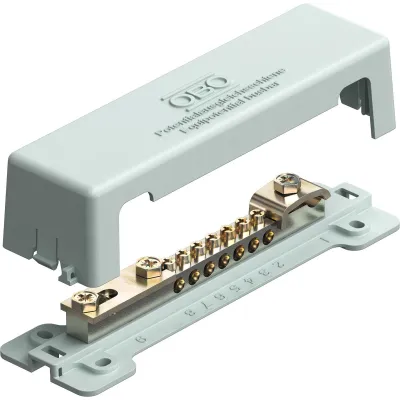OBO Bettermann Potentialausgleichsschiene | 7x25mm² | Messing vernickelt | mit Abdeckung | lichtgrau