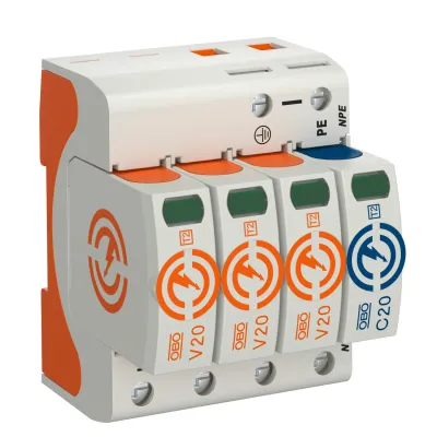 OBO Bettermann Überspannungsableiter Typ 2 | V20-3+NPE-280 | 3+N/PE | 230V | 40kA | Hutschiene | IP20 | optische Anzeige