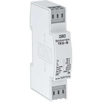 OBO BETTERMANN Überspannungsschutz TKS-B 5097976 Blitzbarriere 120V AC | Typ 3 | 20A | für Hutschiene 35mm | IP20 | 950V