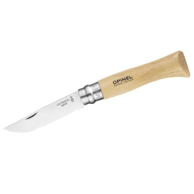 OPINEL Taschenmesser No 08 123080 | Edelstahlklinge 8,5 cm | Buchenholzgriff | Virobloc Sicherung | Braun