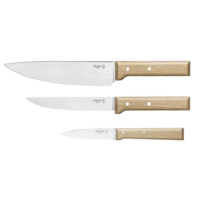 OPINEL Messerset Parallele 001838 | 3-teilig | Edelstahl X50CrMoV15 | Buchenholz-Griff | Chef-, Tranchier-, Allzweck