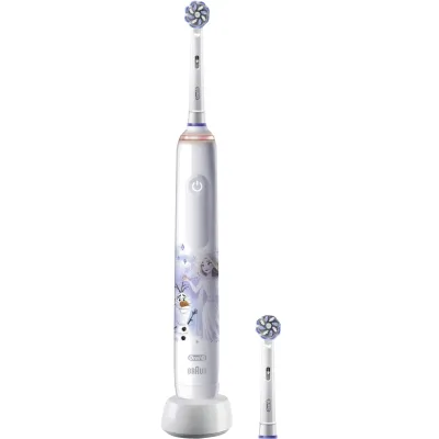 Oral-B Elektrische Kinderzahnbürste Junior Pro Frozen | ab 6 Jahren | 3 Programme | Timer | Akku | 2 Bürsten | Weiß-Bunt
