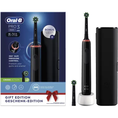 Oral-B Elektrische Zahnbürste Pro 3 3500 Black Edition | 3D Putzsystem | Timer | Drucksensor | 2 Aufsteckbürsten