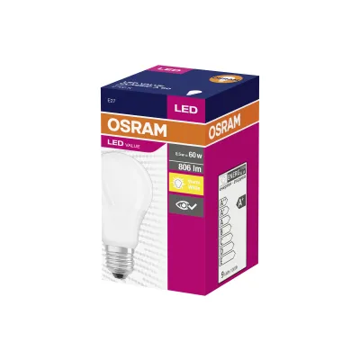 Osram LED Lampe VALUE CLA60 8,5W/827 230VFR E27 | LED Birne 806lm | 60W Ersatz | 2700K warmweiß | matt | nicht dimmbar