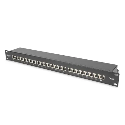 Digitus Patch Panel DN-91624S-EA-B | CAT 6A geschirmt | 24-Port RJ45 | 1HE 19 Zoll LSA | schwarz RAL9005