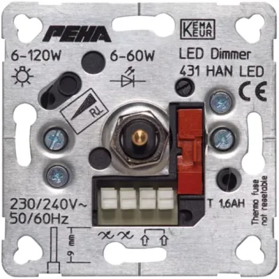 Peha LED Drehdimmer Unterputz | D 431 HAN | 6-60W | Phasenanschnitt | Druck-Aus/Wechselschalter | IP20
