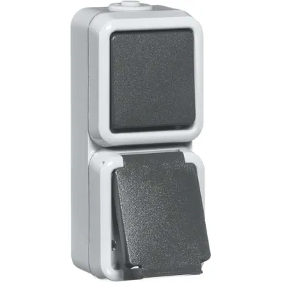 PEHA Steckdosen-Schalter-Kombination D 6666 WAB | Aufputz | Wechselschalter | SCHUKO | IP54 | grau