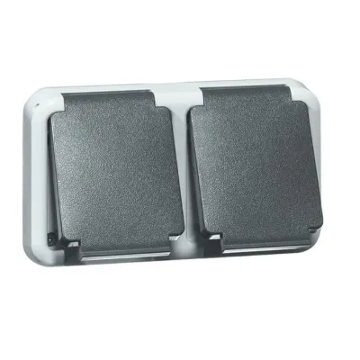 Peha Schuko-Doppelsteckdose D 6632 WAB NA | 2-fach Aufputz | IP44 | waagerecht | Beschriftungsfeld | grau | 16A 250V