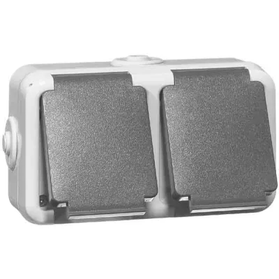 Peha Schuko-Doppelsteckdose D 6632 WAB NA | 2-fach Aufputz | IP44 | waagerecht | Beschriftungsfeld | grau | 16A 250V