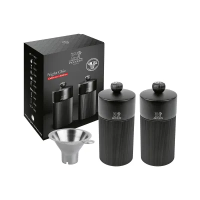 Peugeot Pfeffermühle & Salzmühle Set Night Chic Line | 12 cm | Aluminium Holz | Edelstahltrichter | mattschwarz