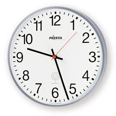 PEWETA Funkuhr 51.250.311 | Wanduhr analog | Ø 300 mm | Metallgehäuse | arabische Zahlen | silber-metallic | innen