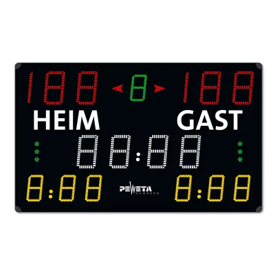 Peweta Spielergebnis-Anzeigetafel 24.676.321 | Innenbereich | HEIM/GAST | Funk- & Kabelbedienung | LED | Uhrzeit | Hupe