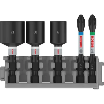 Bosch Schrauberbit- und Steckschlüsselsatz 2608522350 | Impact Control 5-tlg. | 1/4 Zoll | PH2, PZ2, 8/10/13mm