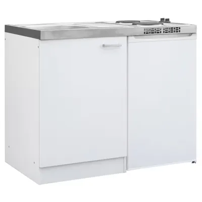 PKM Miniküche PK-100DK | Pantryküche mit Kühlschrank & Gefrierfach | Edelstahl Spüle | Doppelkochplatte | Weiß