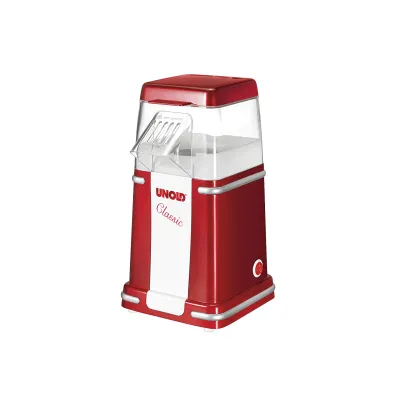 Unold Popcornmaker Classic 48525 | 900W | ohne Öl | 100g Mais | Deckel als Messbecher | rot-metallic/silber