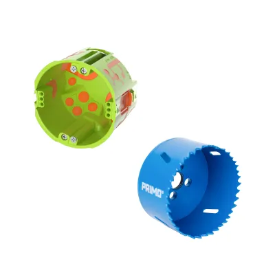 Primo Qnect Hohlwanddosen-Set P201-01-S | 200x Hohlwanddose 62 mm + 1x Lochsäge 74 mm | luftdicht | IP3X | rund | grün