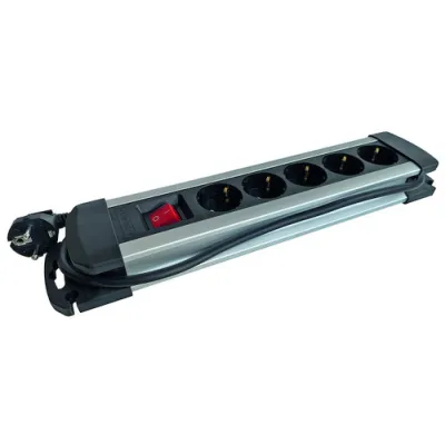 PROTEC.CLASS Steckdosenleiste PDSLAS 5A/S | 5-fach | mit Schalter | 1,5m Kabel | 3680W | Berührungsschutz | Alu/Schwarz