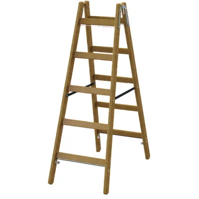 PROTEC.CLASS Holz-Sprossen-Stehleiter PHSPSL25 | 2x5 Sprossen | Länge 1,47m | rutschsicher | Abstand 267mm | natur