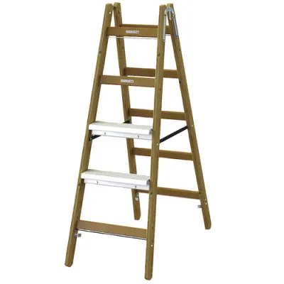 PROTEC.CLASS Stehleiter PHSLAE25 2x5 Stufen | Holzleiter | Alu-Aufsetzstufen | rutschsicher | 1,47m