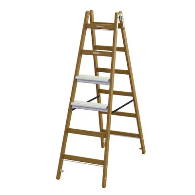 PROTEC.CLASS Stehleiter PHSLAE26 | Aluminium 2x6 Stufen | Holz-Design | rutschfest | 267 mm Sprossenabstand | 1,73 m