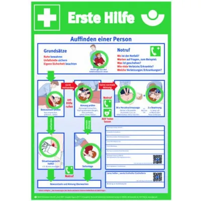 Protec.class Notfallaushang Erste Hilfe | Sicherheitsaushang DGUV 204-001 | Kunststoff | 410 x 590 mm | Grün