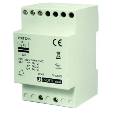 PROTEC.CLASS Sicherheitstransformator PSIT121N | Klingeltrafo | 4/8/12V AC | 2A | DIN-Schiene | IP40 | Überlastschutz