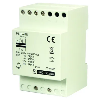 Protec.class Sicherheitstransformator PSIT241N | Klingeltrafo 4/8/12/24V 2/2/2/1A | DIN-Schiene | IP40 | Kunststoff