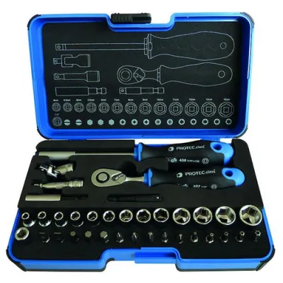 PROTEC.CLASS Steckschlüsselsatz 35-tlg. | Ratsche 1/4" | 13 Nüsse 4-14mm | 15 Bits | metrisch | ergonomisch | Box