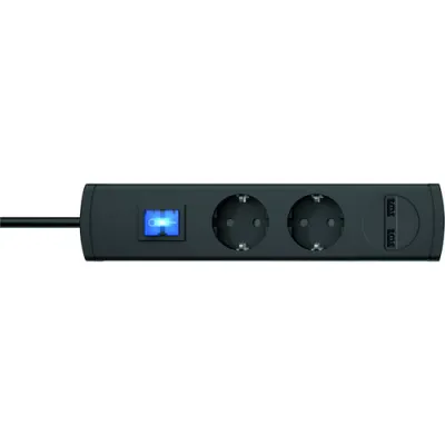 PROTEC.CLASS Steckdosenleiste PTSD90 2SUS1 | 2-fach USB 2.100mA | 2x Schuko 90° | Schalter beleuchtet | 1,4m | schwarz