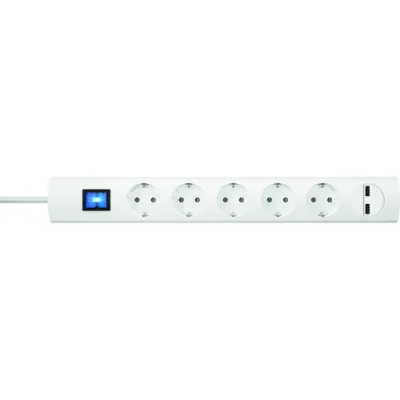 PROTEC.CLASS Steckdosenleiste PTSD90 5SUW1 | 5-fach | USB-Ladeports 2x 2,1A | Schalter beleuchtet | 1,4m Kabel | Weiß