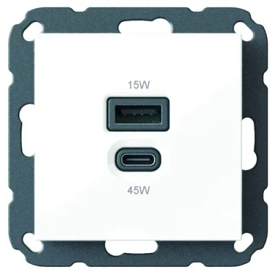 PROTEC.CLASS Unterputz USB-Ladegerät PUSBL15/45 | USB-C 45W Power Delivery | USB-A 15W Schnellladen | 55x55 mm | weiß