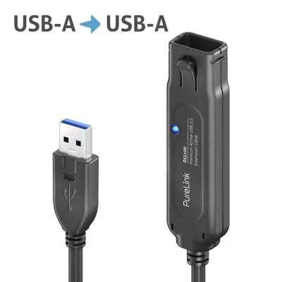 PureLink USB 3.2 Aktiv Verlängerungskabel DS3100-150 | USB-A Stecker auf Buchse | 15m | 5 Gbps | verriegelbar | Schwarz