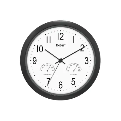 Mebus Quarz-Wanduhr 26cm | Wanduhr mit Thermo-Hygrometer | Modern | Schwarz | Kunststoff & Mineralglas | Ø 26 cm