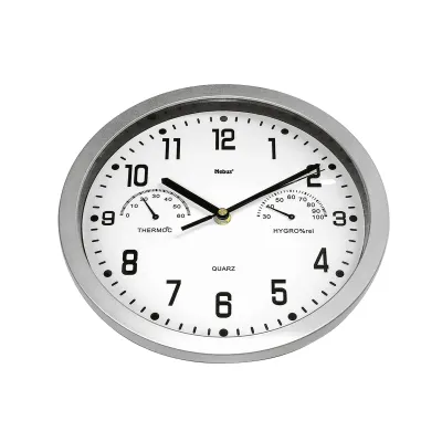 Mebus Quarz-Wanduhr 06992 | analog | Thermometer & Hygrometer | 22,5 cm | modern | Kunststoff | rund | silber