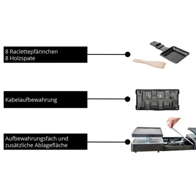 UNOLD Raclette-Grill 48755 Extendable | ausziehbar | 8 Pfännchen | 2 Grillflächen 21x21 cm | 1300W | Antihaft | schwarz