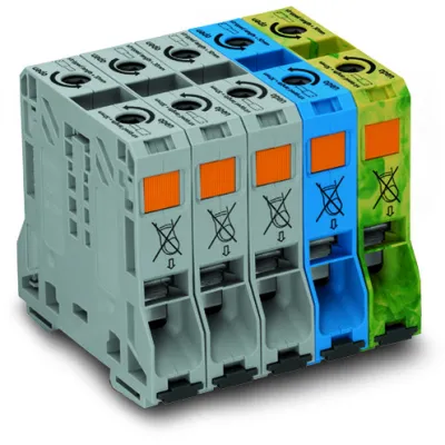 WAGO Drehstromset 285-159 | Reihenklemmenset 50 mm² POWER CAGE CLAMP | 5-polig | 150A | Hutschiene TH35 | grau/blau
