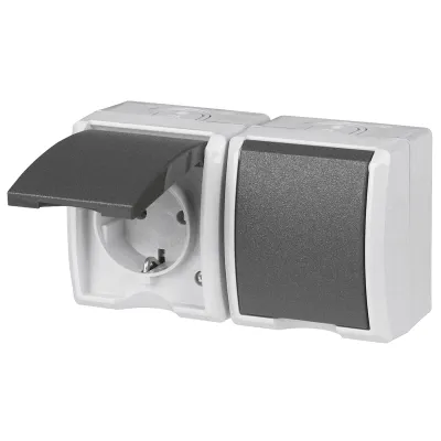 REV Ritter AP-Steckdose AquaForm 10221 | 2-fach waagerecht | spritzwassergeschützt IP44 | 16A 250V | Kunststoff | grau