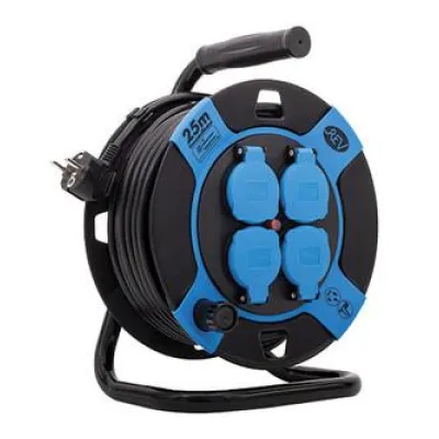 REV Kabeltrommel 25m KS H05VV | 4 Steckdosen spritzwassergeschützt | Überhitzungsschutz | 3000W | IP44