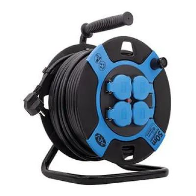 REV Kabeltrommel 50m KS H05VV-F 3G1,5 | 4 Steckdosen IP44 | 3000W | Kunststoff/Stahlrohr | Outdoor | Thermoschutz