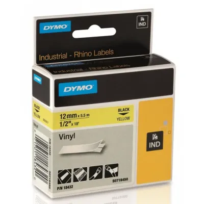 DYMO Schriftband IND Vinyl 18432 | Etikettenband für LabelManager & Rhino | 12mm x 5,5m | schwarz auf gelb | wetterfest