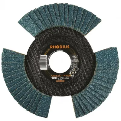 RHODIUS Fächerschleifscheibe VISION PRO 210637 | Edelstahl & Stahl | 115x22,23 mm | K40 | transparent | eisenfrei