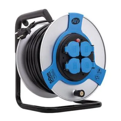 REV Kabeltrommel 50m | Verlängerungskabel Außenbereich | 4 Steckdosen | 3000W | IP44 | Stahlblech | Blau